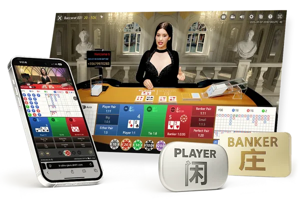 CyberbetX Baccarat product imagery: the live table interface with dealer video and betting panel, and the mobile view