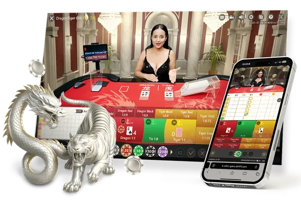 CyberbetX Dragon Tiger product imagery: the live table interface and the mobile view