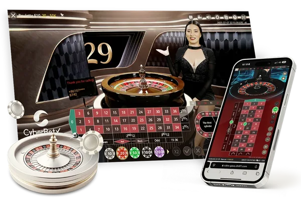 CyberbetX Roulette product imagery: the live wheel interface and the mobile view